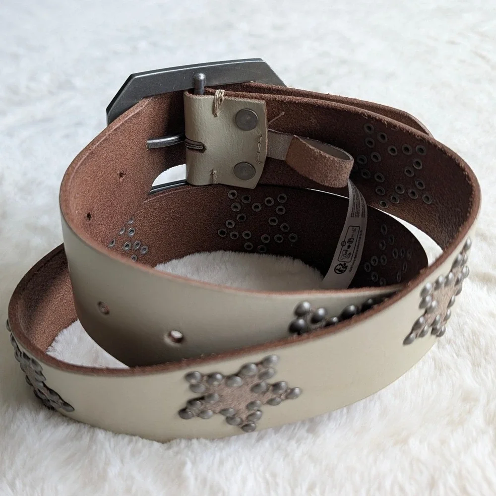 Free People Studded Star Leather Belt Cream Silver Octagon Buckle XS/S